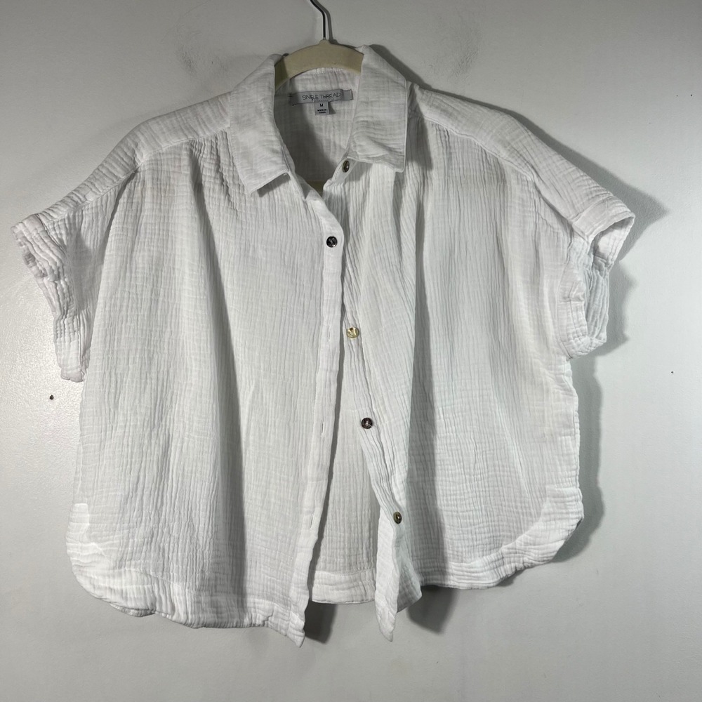 Womens Single Thread Waffle Cotton Button Shirt White‎ M Cotton Shrug Sleeve